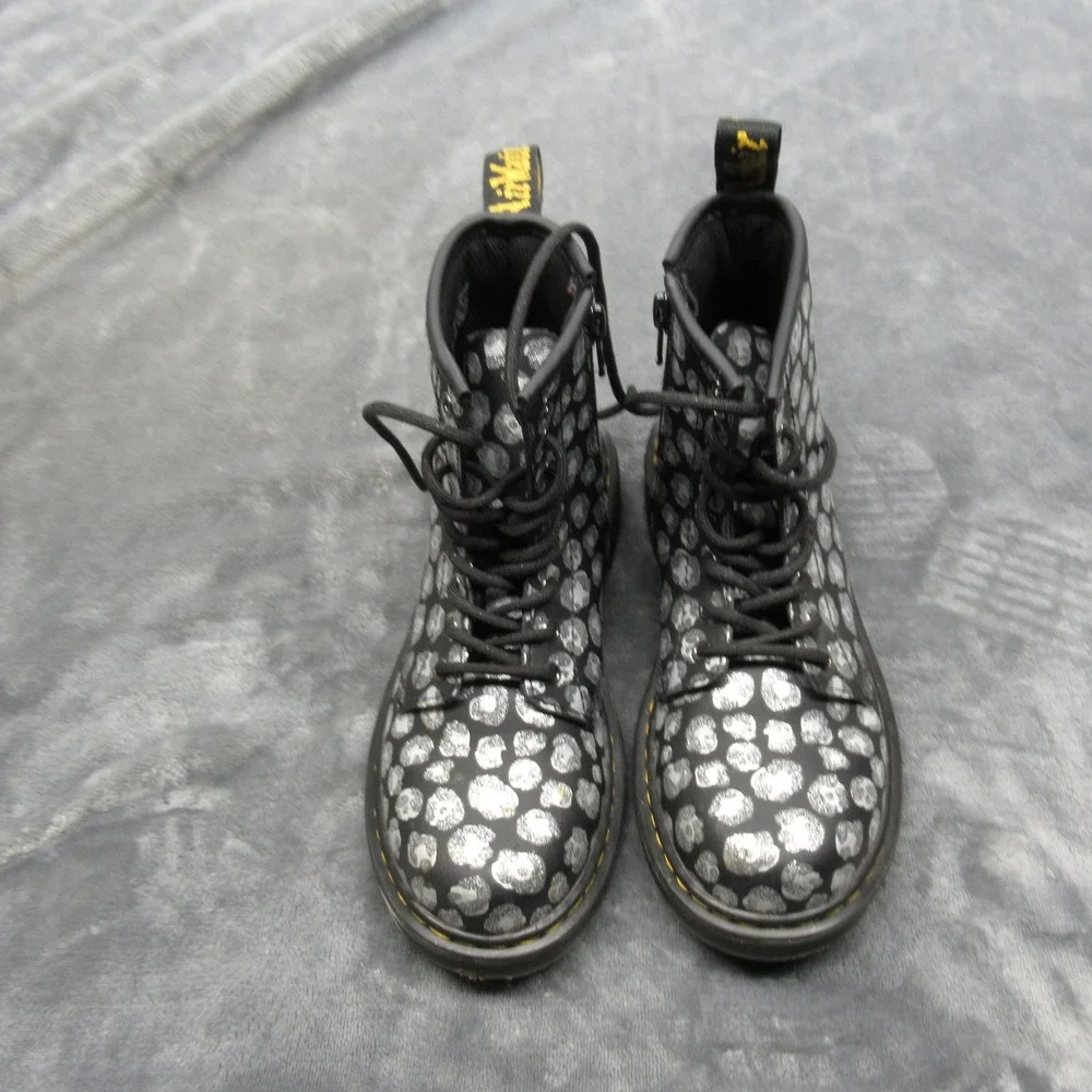 Dr. Martens Boots Youth 2 Silver Metallic Leopard Print Leather Side Zip Lace-Up